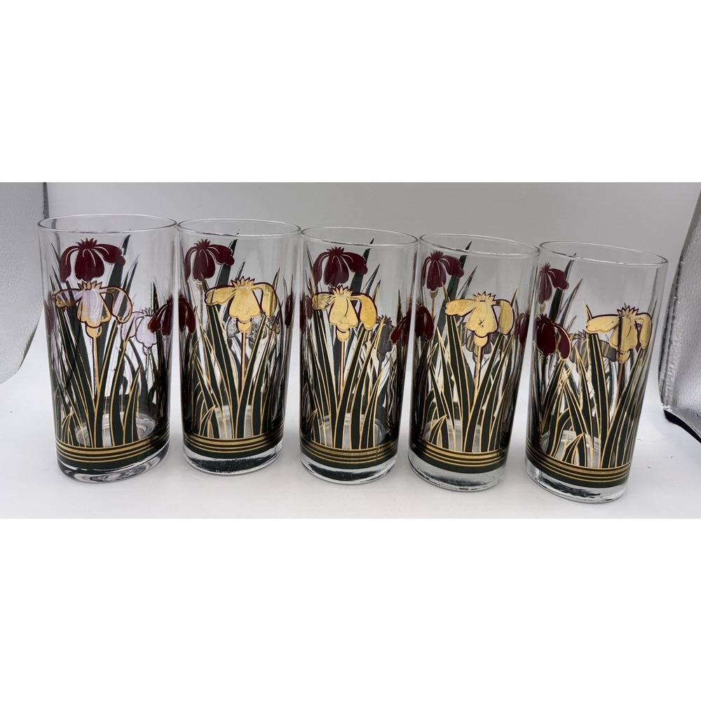 5 Vintage Culver Iris Cinnabar Highball Glasses Tumbler 22k Gold Irises 5.5" - Picture 2 of 6
